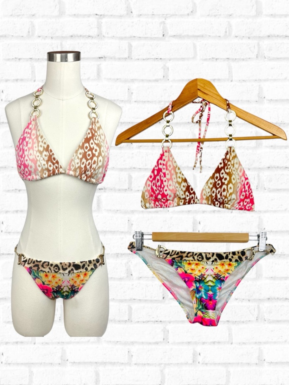 Victoria’s Secret Floral Leopard Print Chain Toggle Tie Triangle String Bikini S